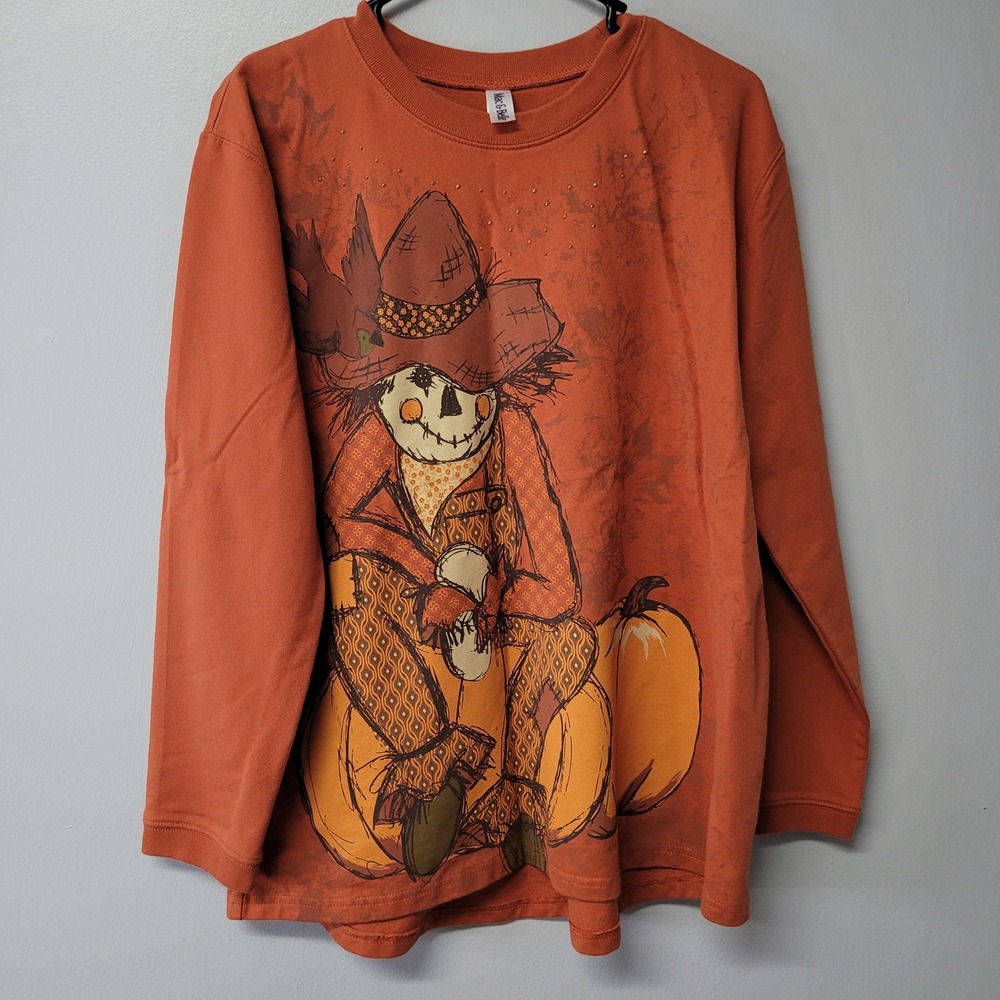 Mac n Belle Women XL Orange Scarecrow Pumpkin Long‎ Sleeve Halloween Heavy Shirt